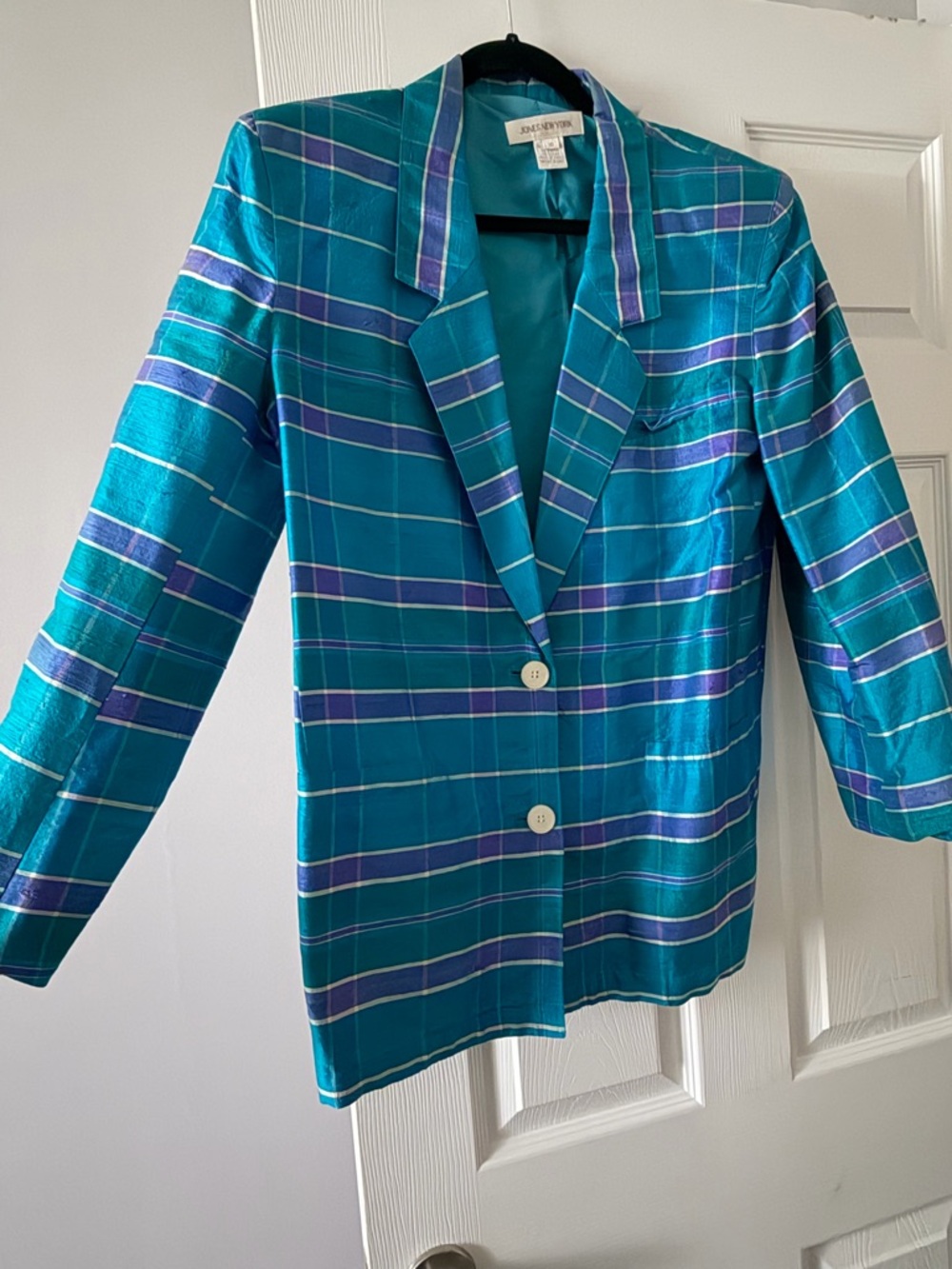 Jones New York Teal Plaid Blazer with Purple & White Stripes
